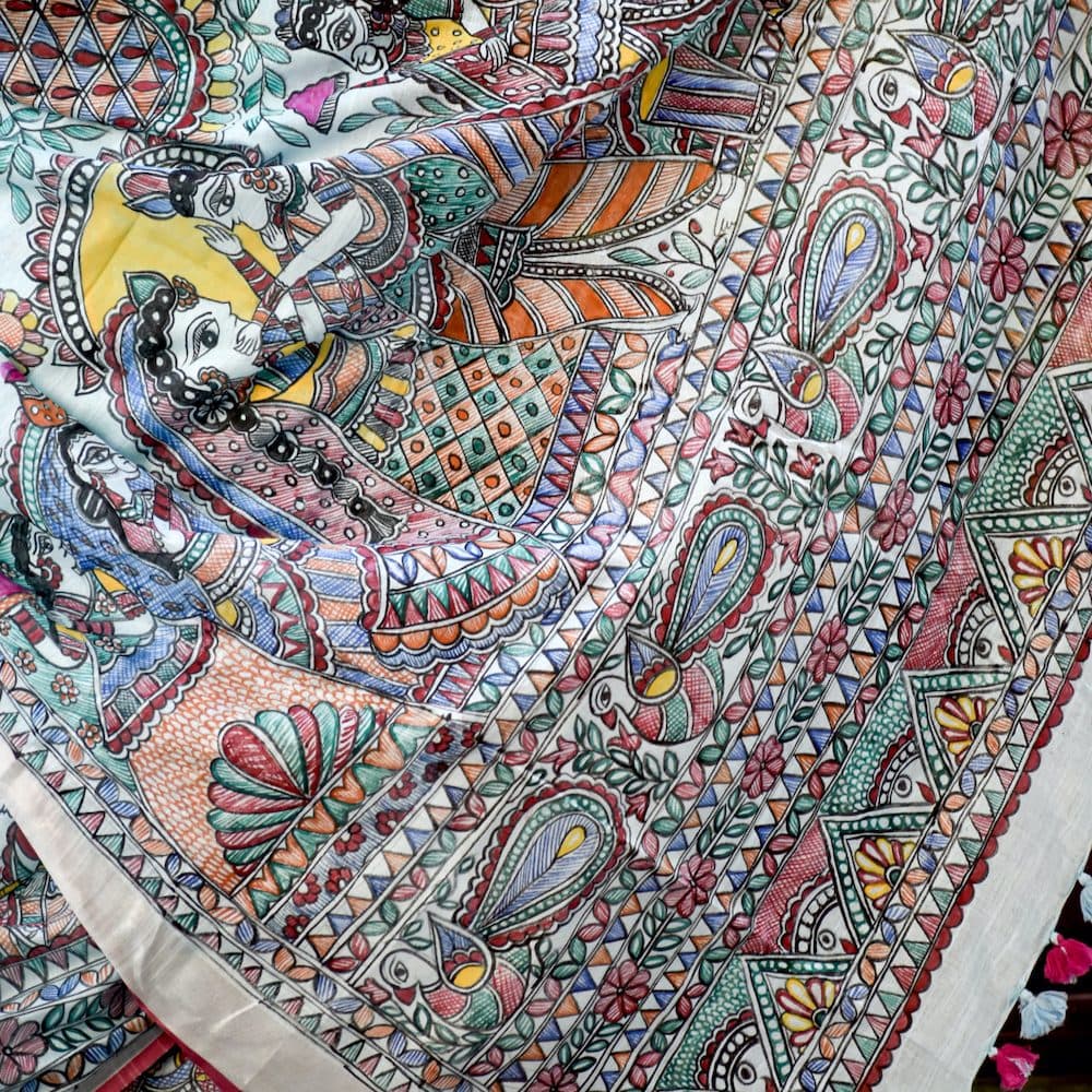 Madhubani "Radha Sang Krishna Holi " Hand-Painted Linen Saree image 1