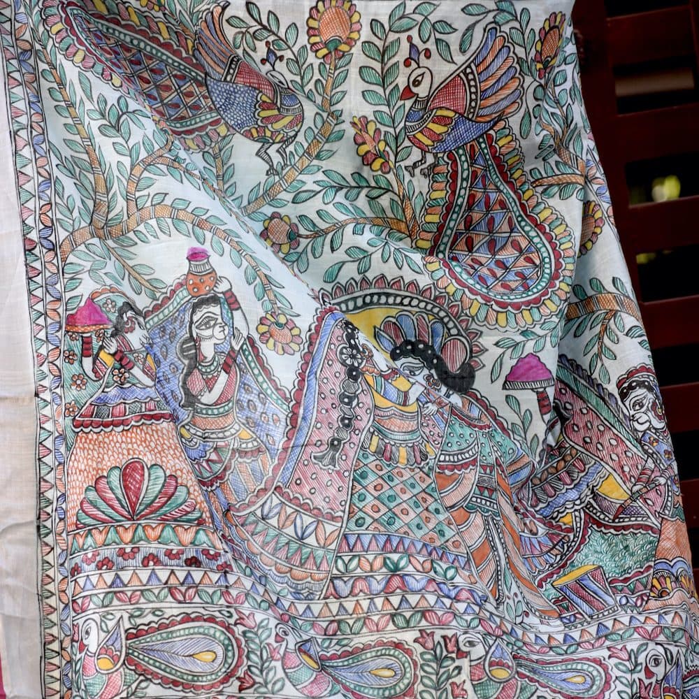Madhubani "Radha Sang Krishna Holi " Hand-Painted Linen Saree image 3
