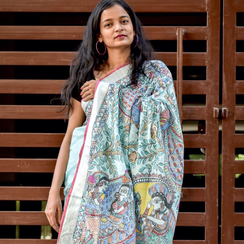 Madhubani "Radha Sang Krishna Holi " Hand-Painted Linen Saree image 4