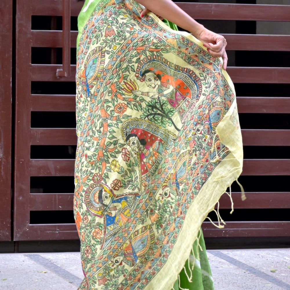 Madhubani Shibori Hand-Painted Linen Saree image 1