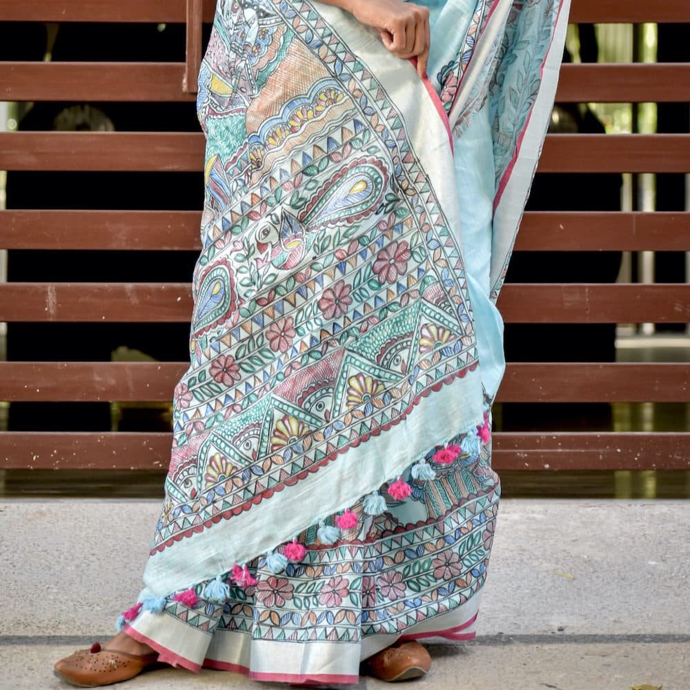 Madhubani "Radha Sang Krishna Holi " Hand-Painted Linen Saree image 5