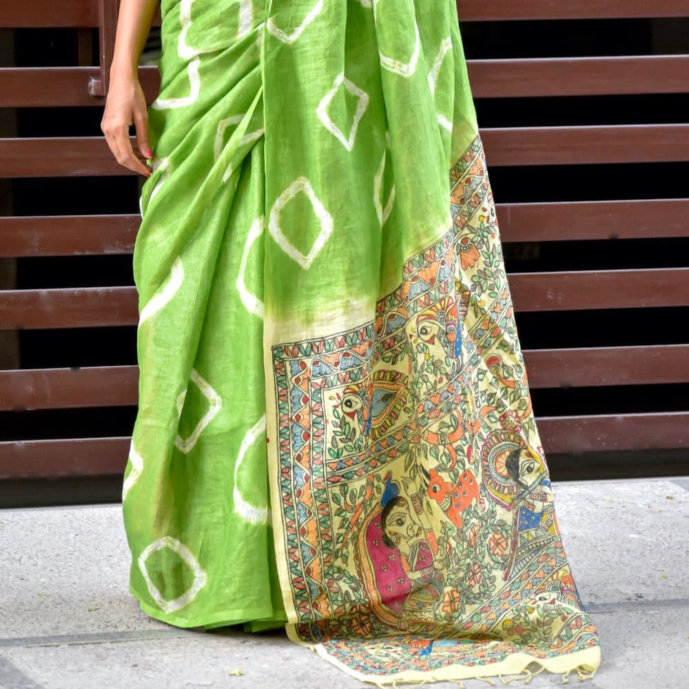 Madhubani Shibori Hand-Painted Linen Saree image 2
