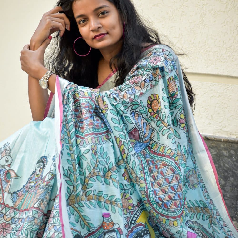 Madhubani "Radha Sang Krishna Holi " Hand-Painted Linen Saree image 6