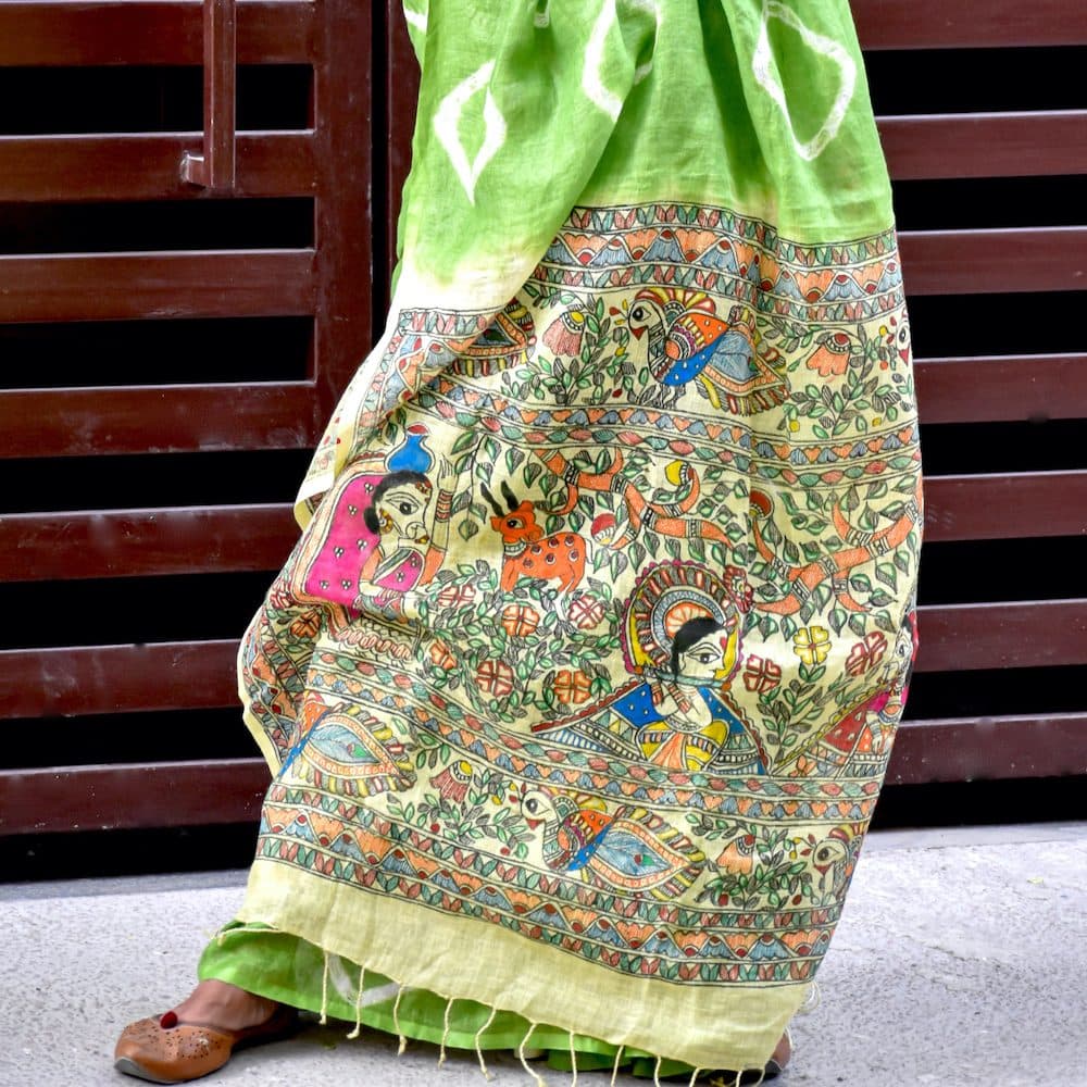 Madhubani Shibori Hand-Painted Linen Saree image 3