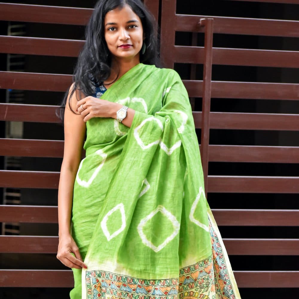 Madhubani Shibori Hand-Painted Linen Saree image 4