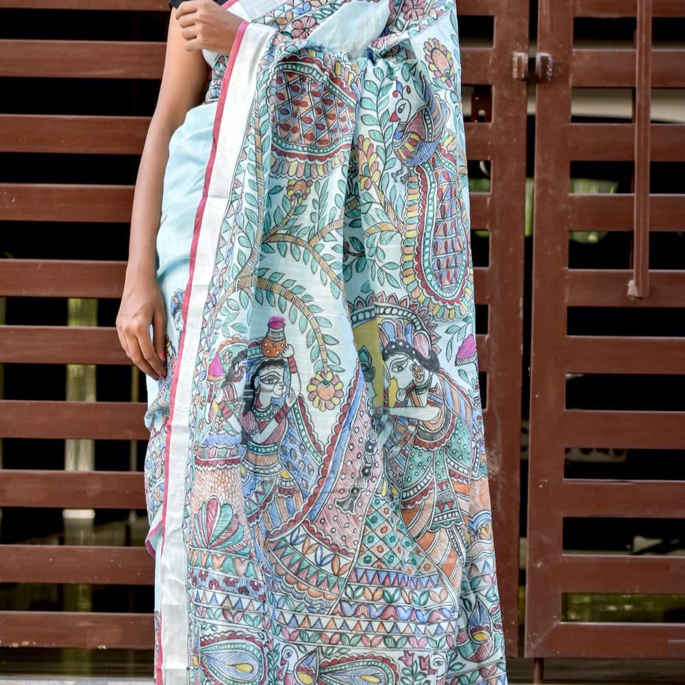 Madhubani "Radha Sang Krishna Holi " Hand-Painted Linen Saree image 7