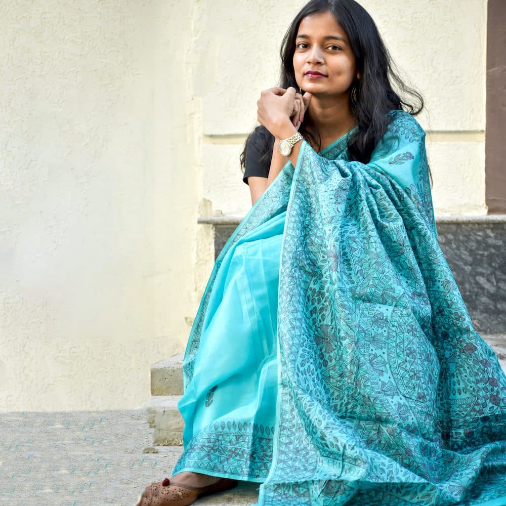 Madhubani Blue Tussar Silk Hand-Painted Saree
