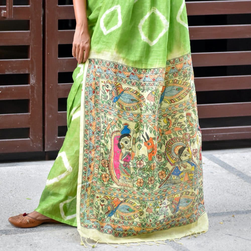 Madhubani Shibori Hand-Painted Linen Saree image 5
