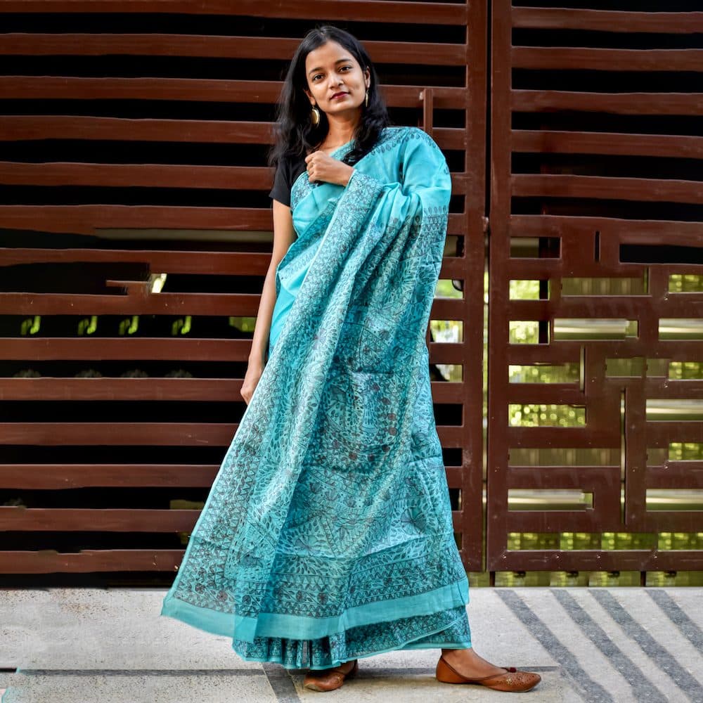 Madhubani Blue Tussar Silk Hand-Painted Saree hover