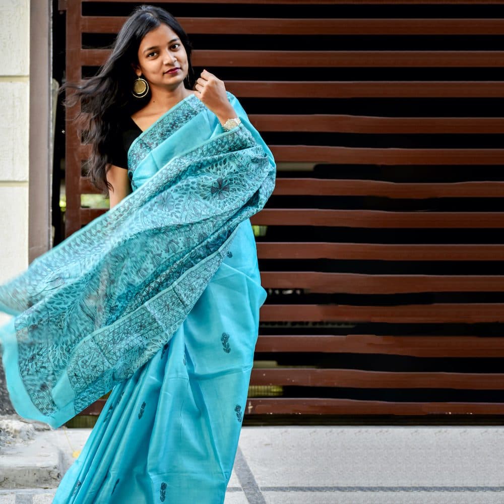 Madhubani Blue Tussar Silk Hand-Painted Saree image 3