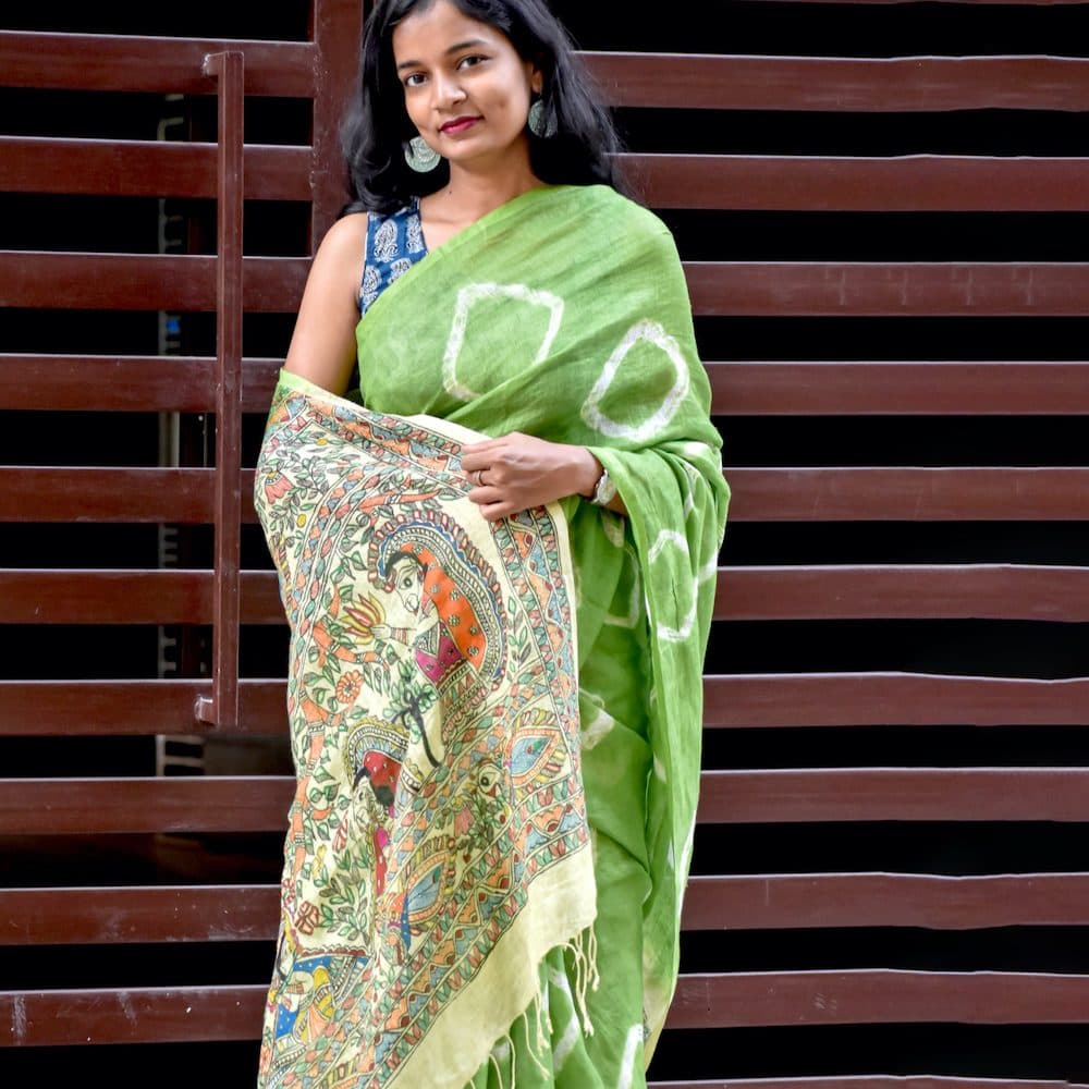 Madhubani Shibori Hand-Painted Linen Saree image 7
