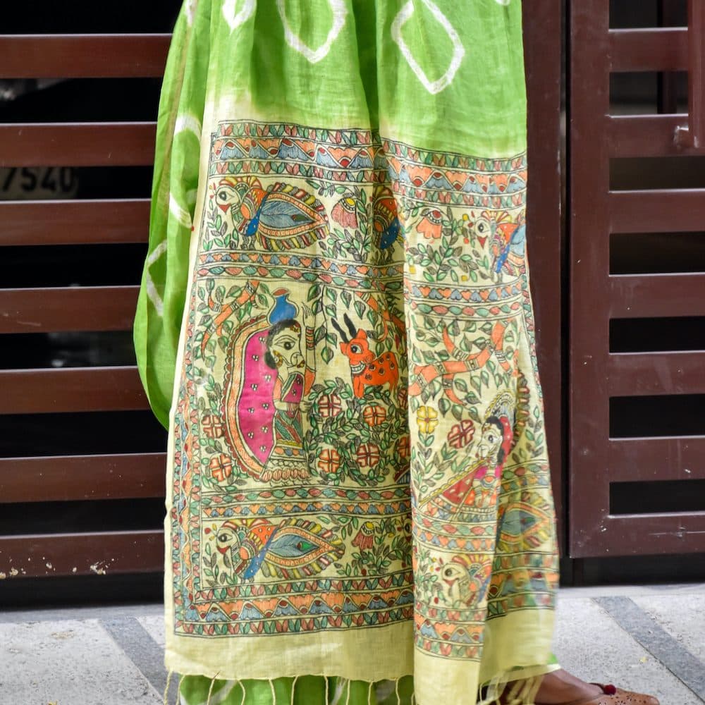 Madhubani Shibori Hand-Painted Linen Saree image 8