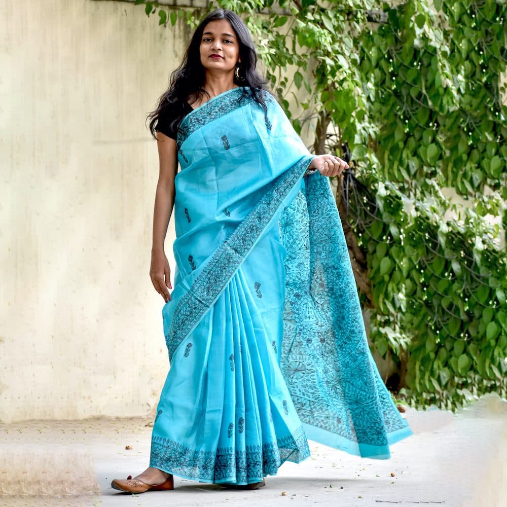 Madhubani Blue Tussar Silk Hand-Painted Saree image 4