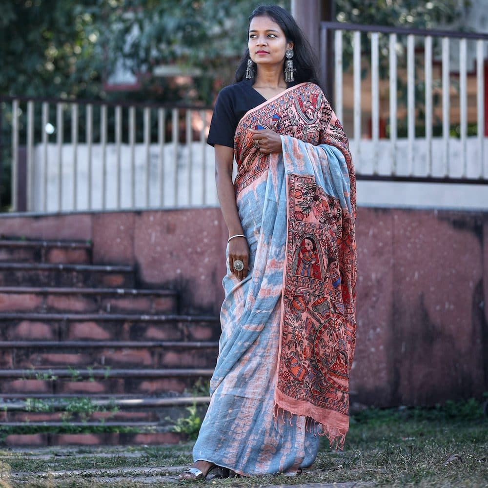Madhubani Handpainted "Shibori Dyed" Linen Saree hover