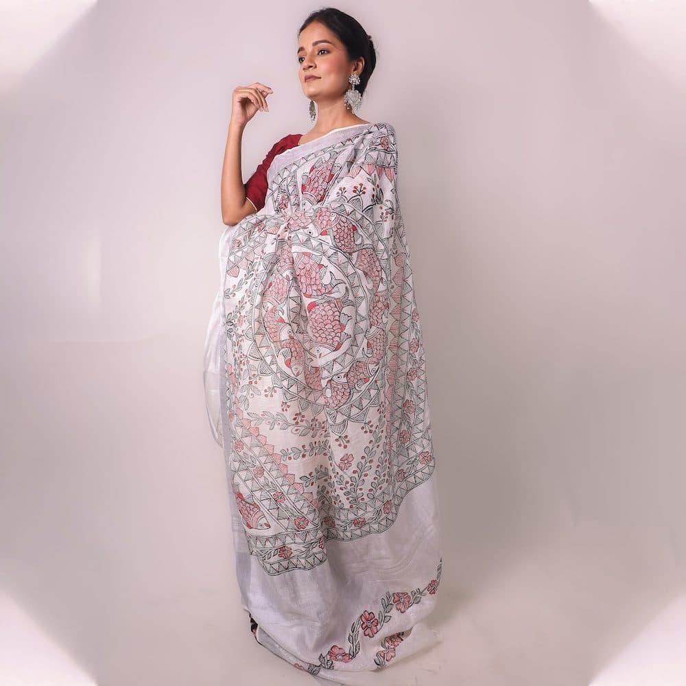 Madhubani White Hand-Painted Linen Saree image 1