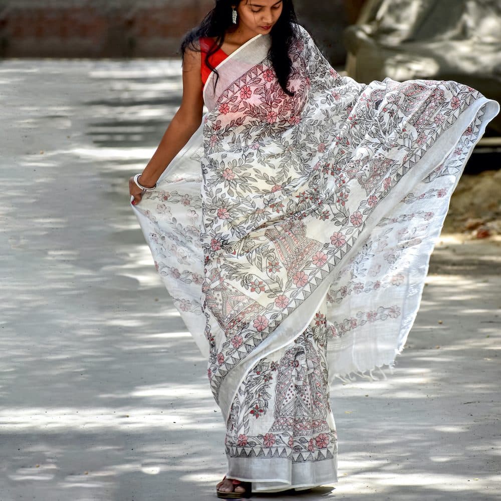 Tradional Handpainted Madhubani Linen Saree