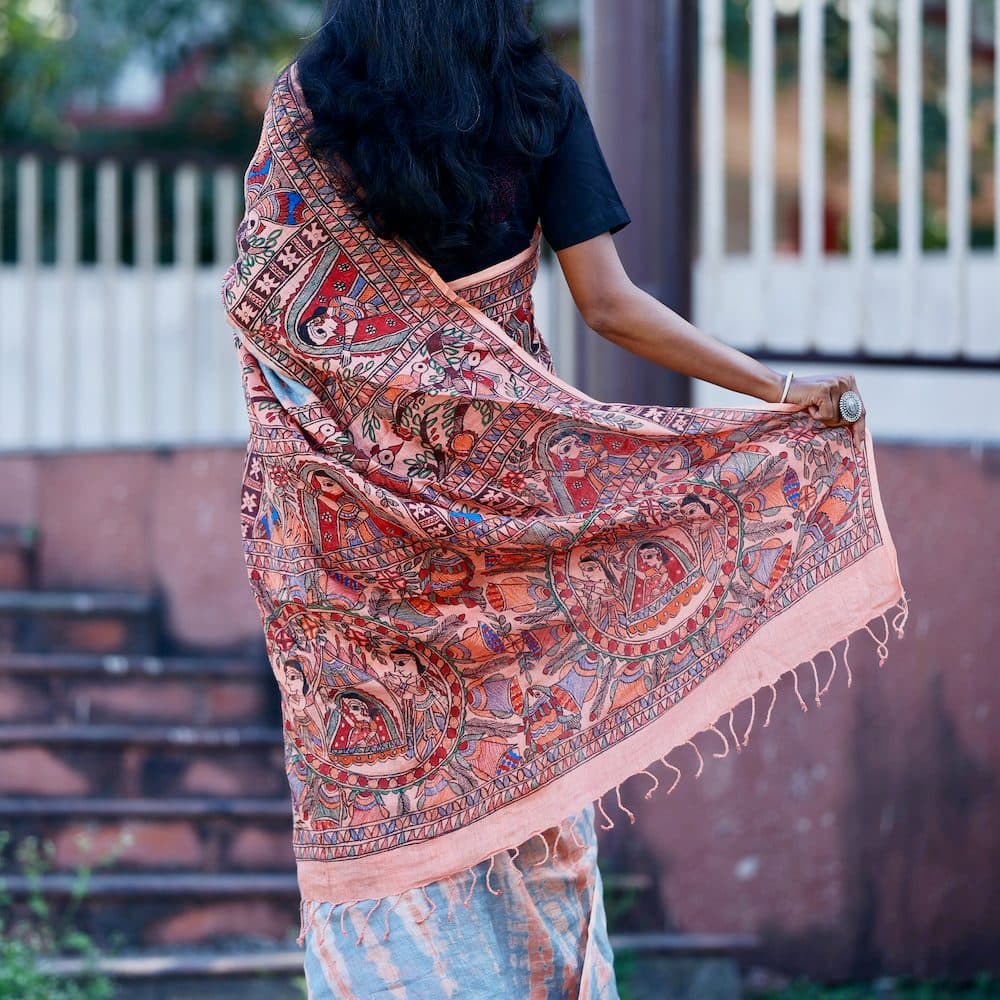 Madhubani Handpainted "Shibori Dyed" Linen Saree image 3