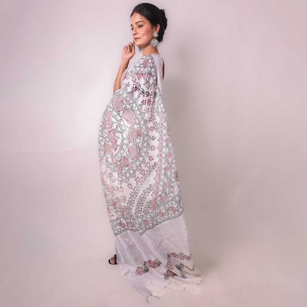 Madhubani White Hand-Painted Linen Saree image 2