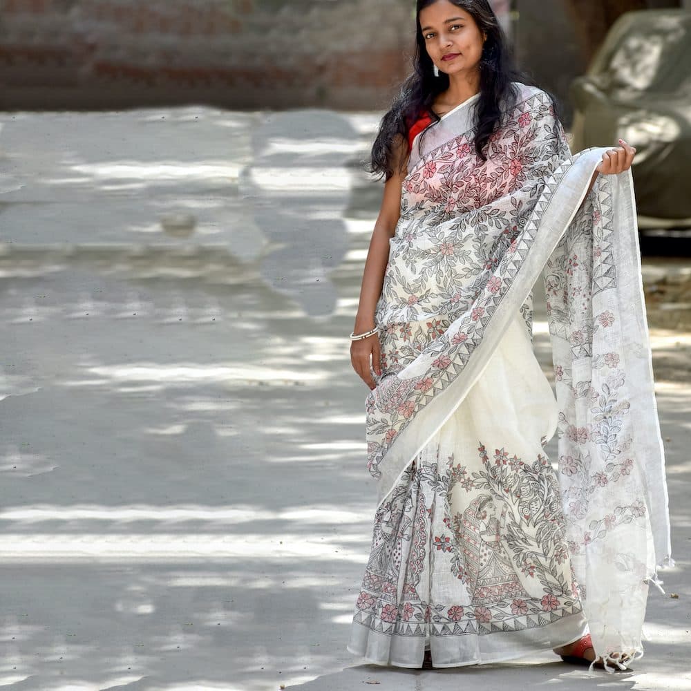Tradional Handpainted Madhubani Linen Saree hover