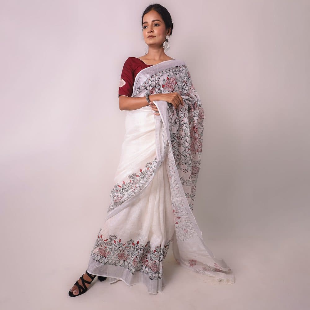 Madhubani White Hand-Painted Linen Saree image 3