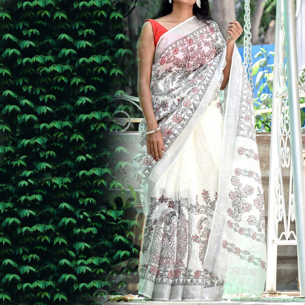 Tradional Handpainted Madhubani Linen Saree image 3