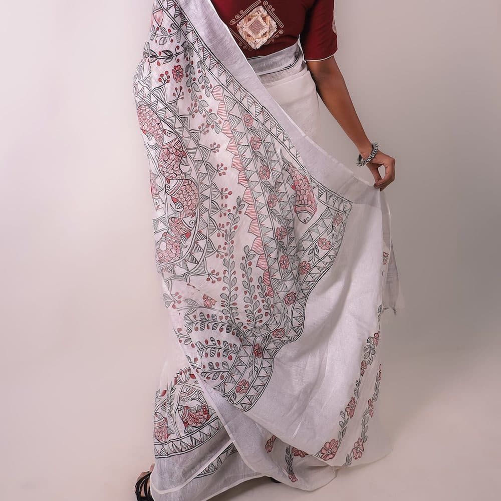Madhubani White Hand-Painted Linen Saree image 4