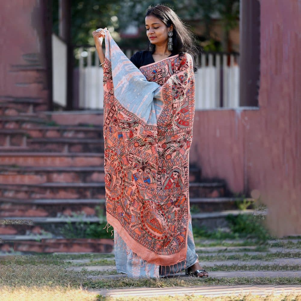 Madhubani Handpainted "Shibori Dyed" Linen Saree image 4