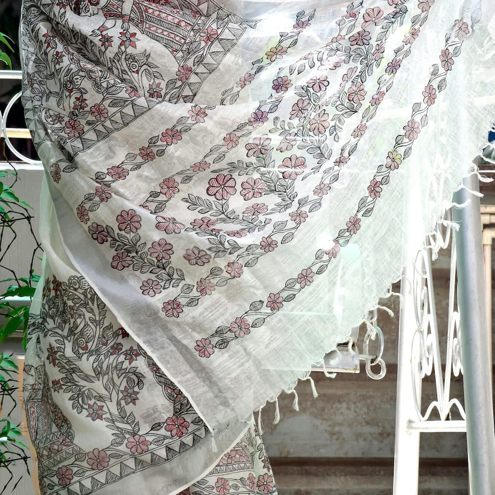 Tradional Handpainted Madhubani Linen Saree image 4