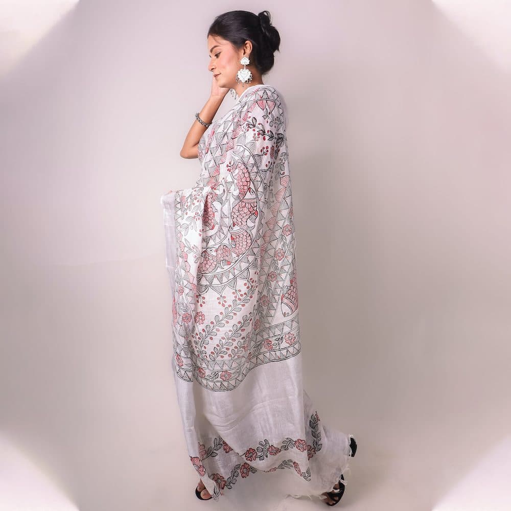 Madhubani White Hand-Painted Linen Saree image 6