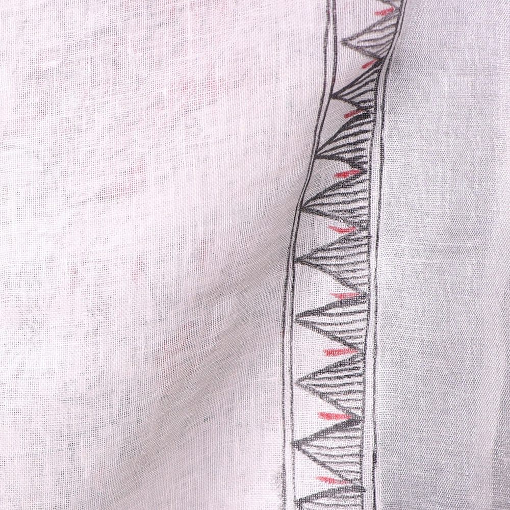 Madhubani White Hand-Painted Linen Saree image 7