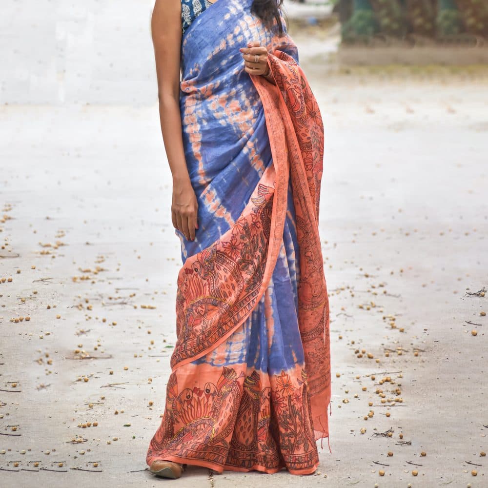 Madhubani Shibori Hand-Painted "Serene" Linen Saree image 8