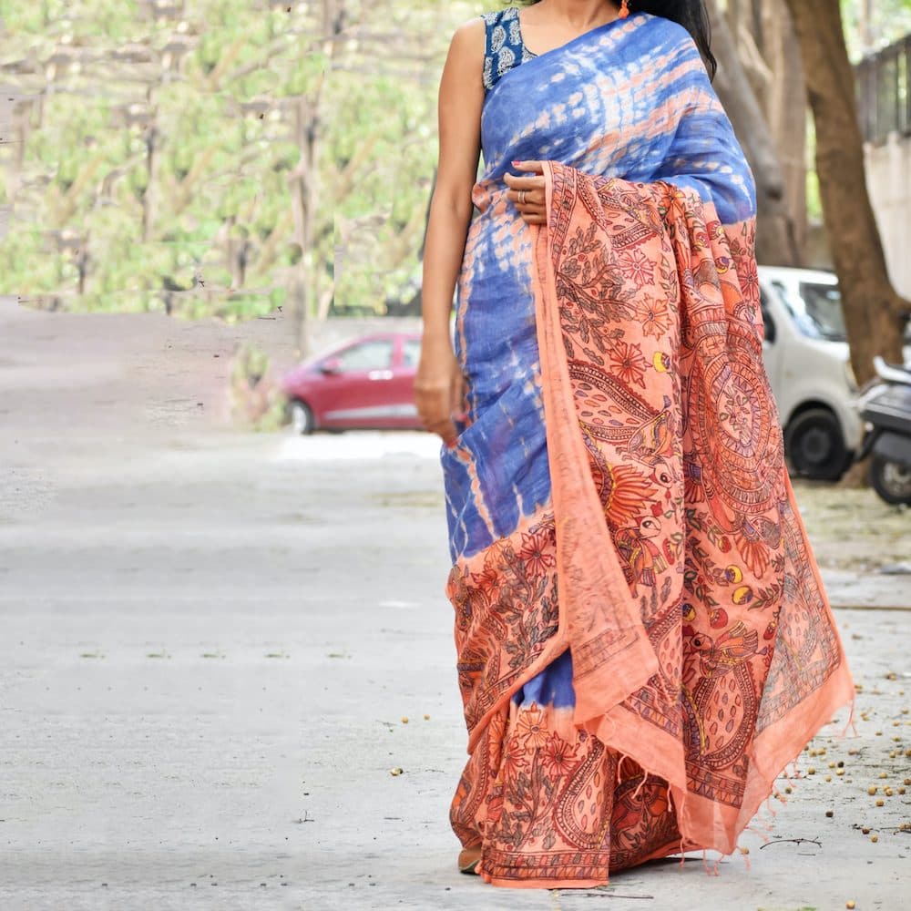 Madhubani Shibori Hand-Painted "Serene" Linen Saree image 3