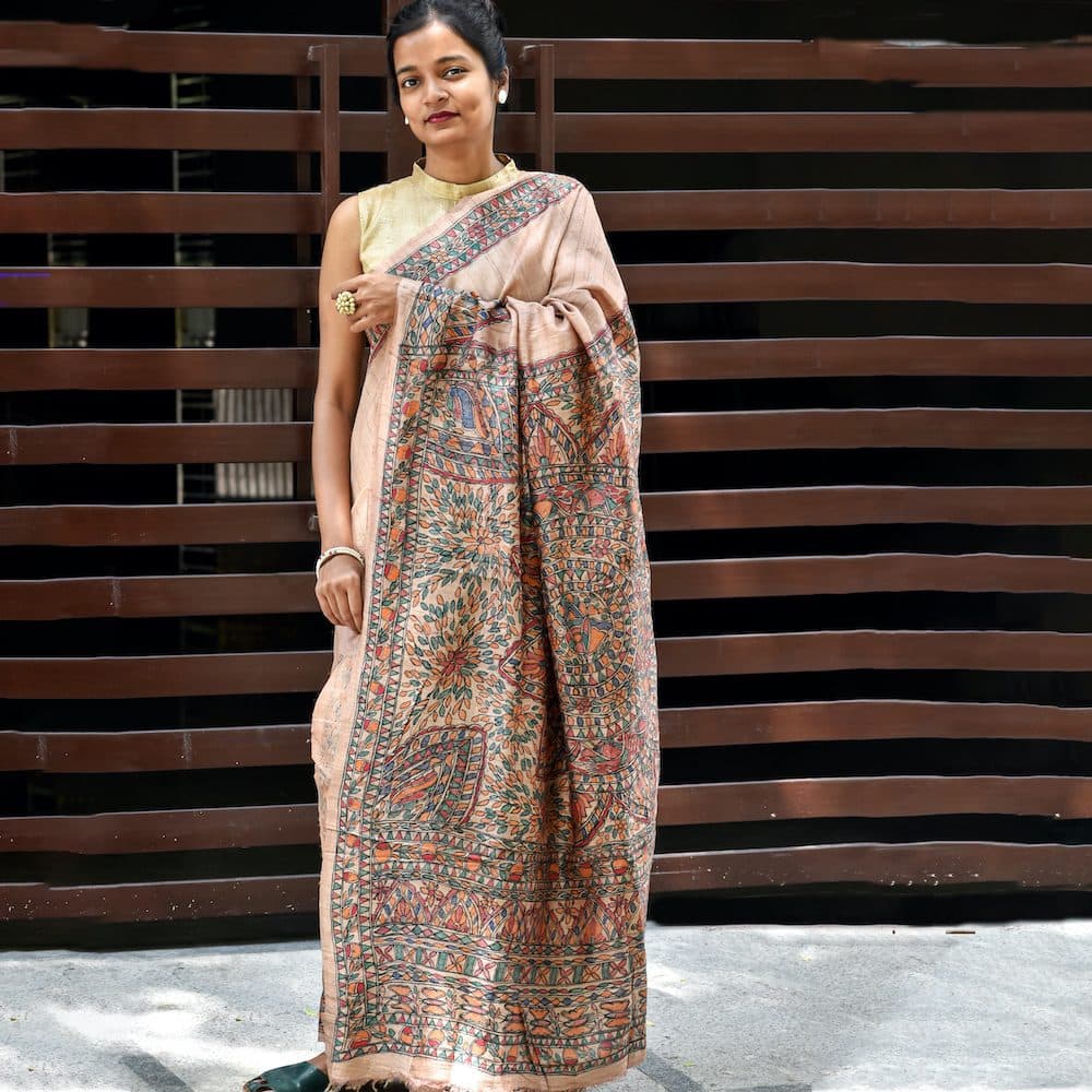 Tradional Handpainted Madhubani Tussar Silk Saree