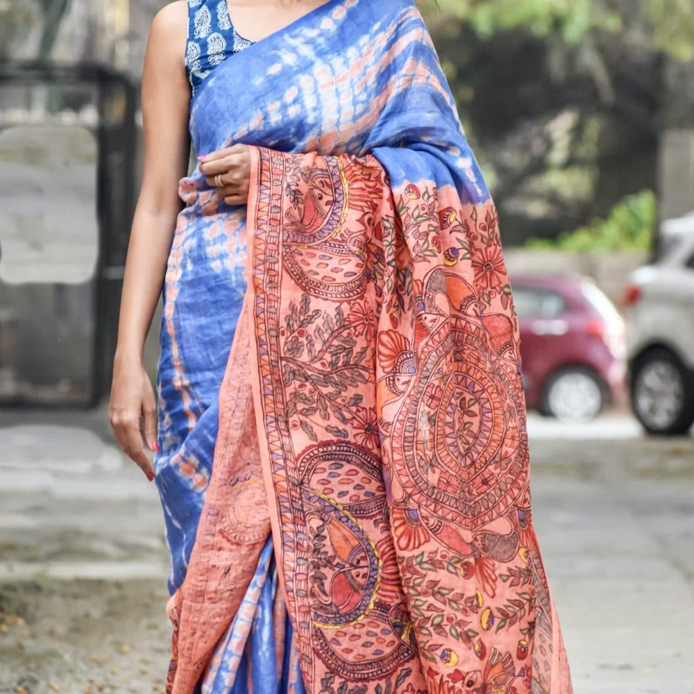 Madhubani Shibori Hand-Painted "Serene" Linen Saree image 4