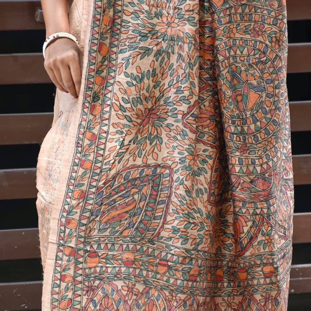 Tradional Handpainted Madhubani Tussar Silk Saree hover