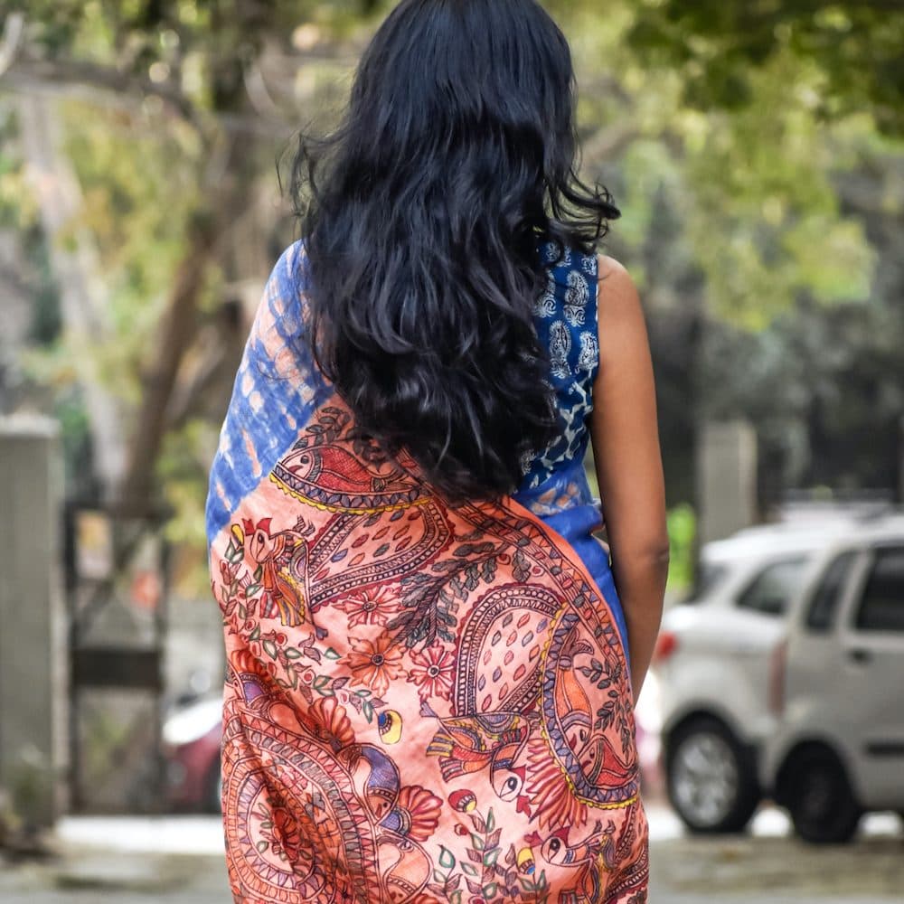 Madhubani Shibori Hand-Painted "Serene" Linen Saree image 5