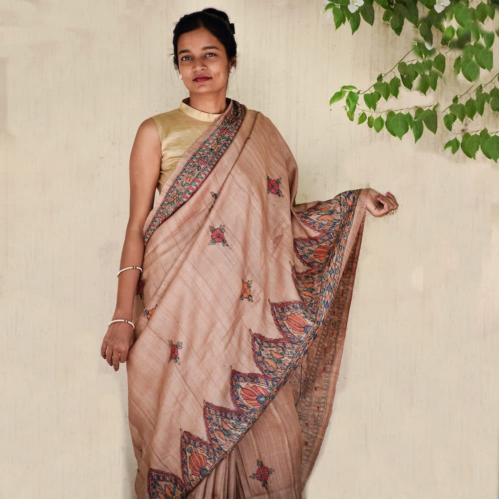 Tradional Handpainted Madhubani Tussar Silk Saree image 3