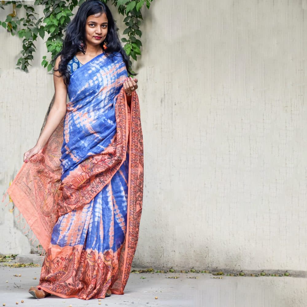 Madhubani Shibori Hand-Painted "Serene" Linen Saree image 6