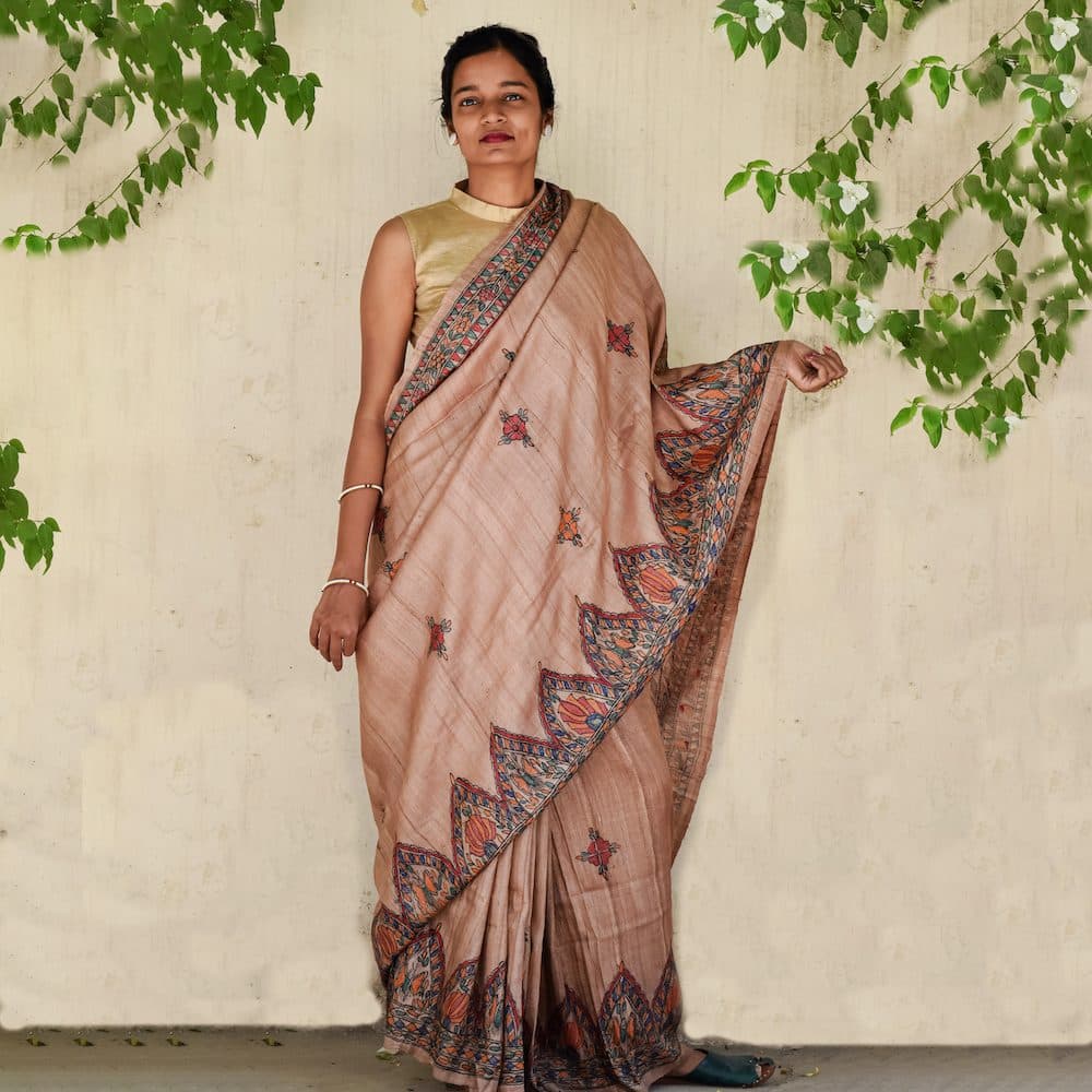 Tradional Handpainted Madhubani Tussar Silk Saree image 4