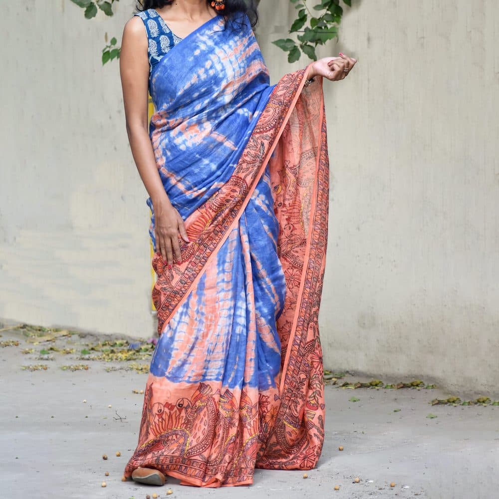 Madhubani Shibori Hand-Painted "Serene" Linen Saree image 7