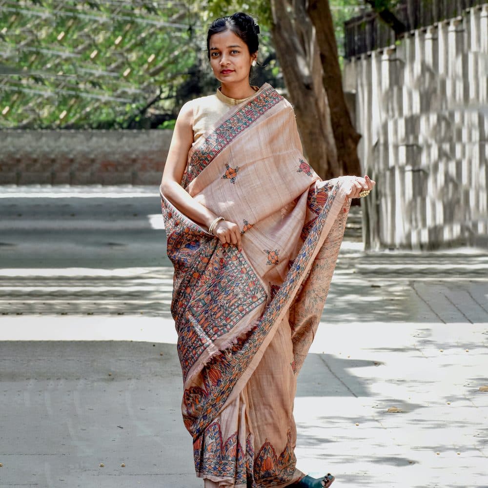 Tradional Handpainted Madhubani Tussar Silk Saree image 5