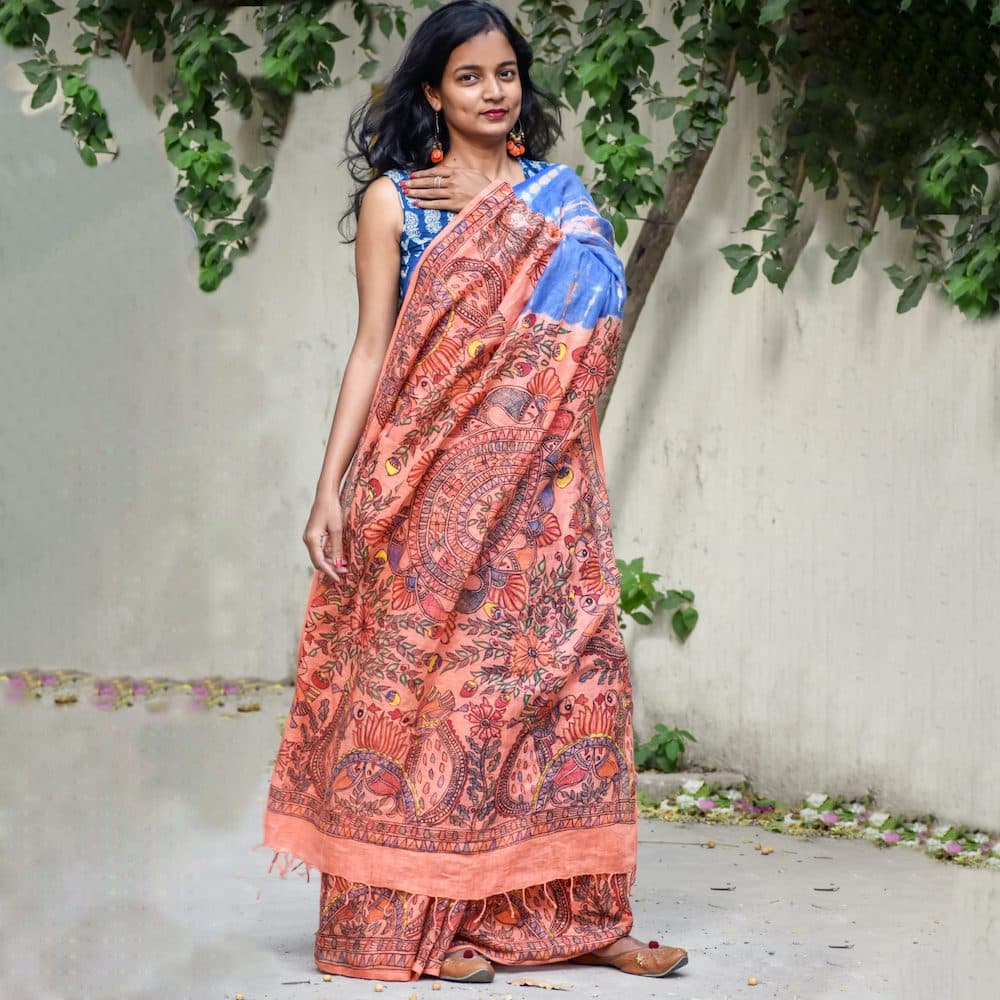 Madhubani Shibori Hand-Painted "Serene" Linen Saree hover