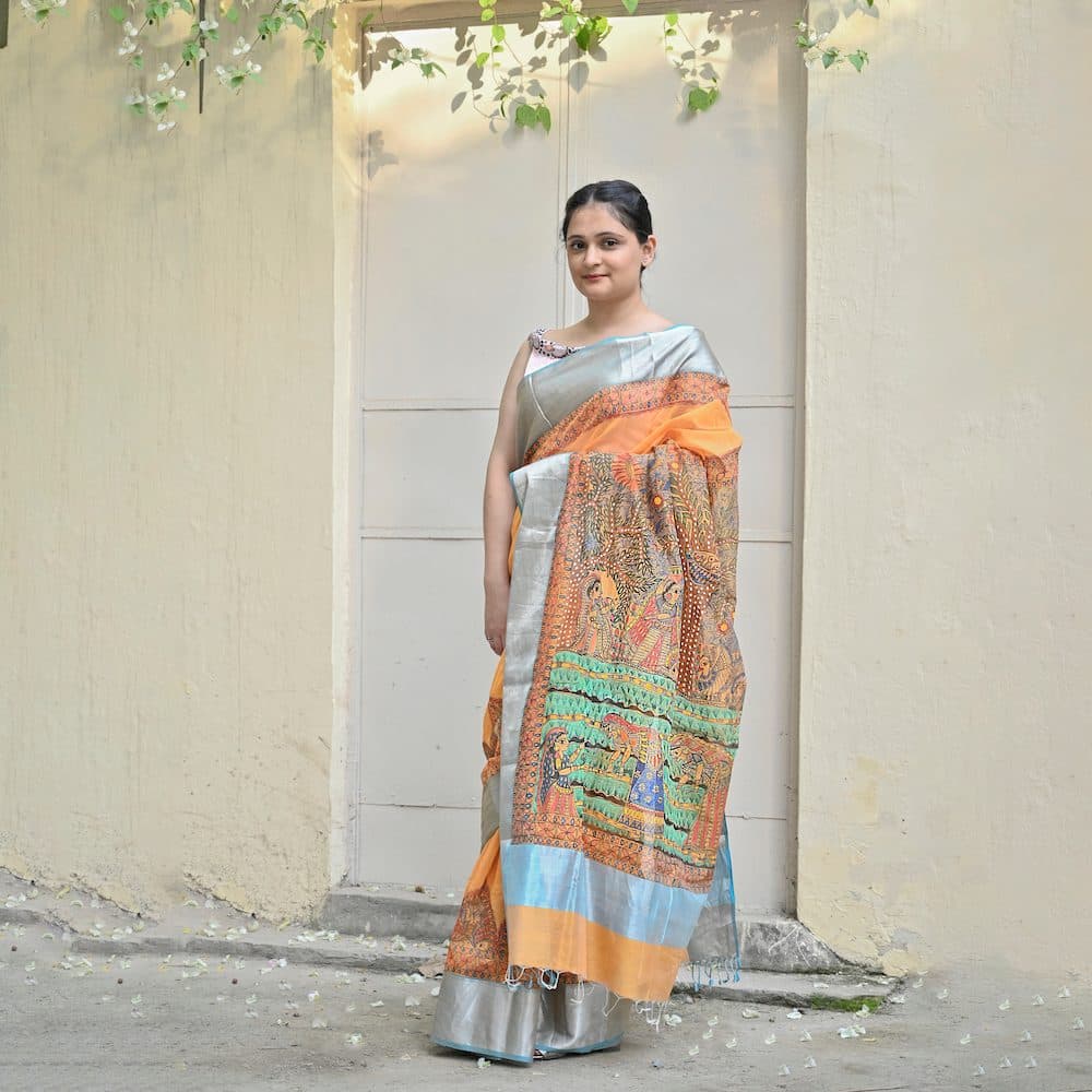 Madhubani "Simple Rural Life" Handloom Cotton Mulberry Silk Saree image 1