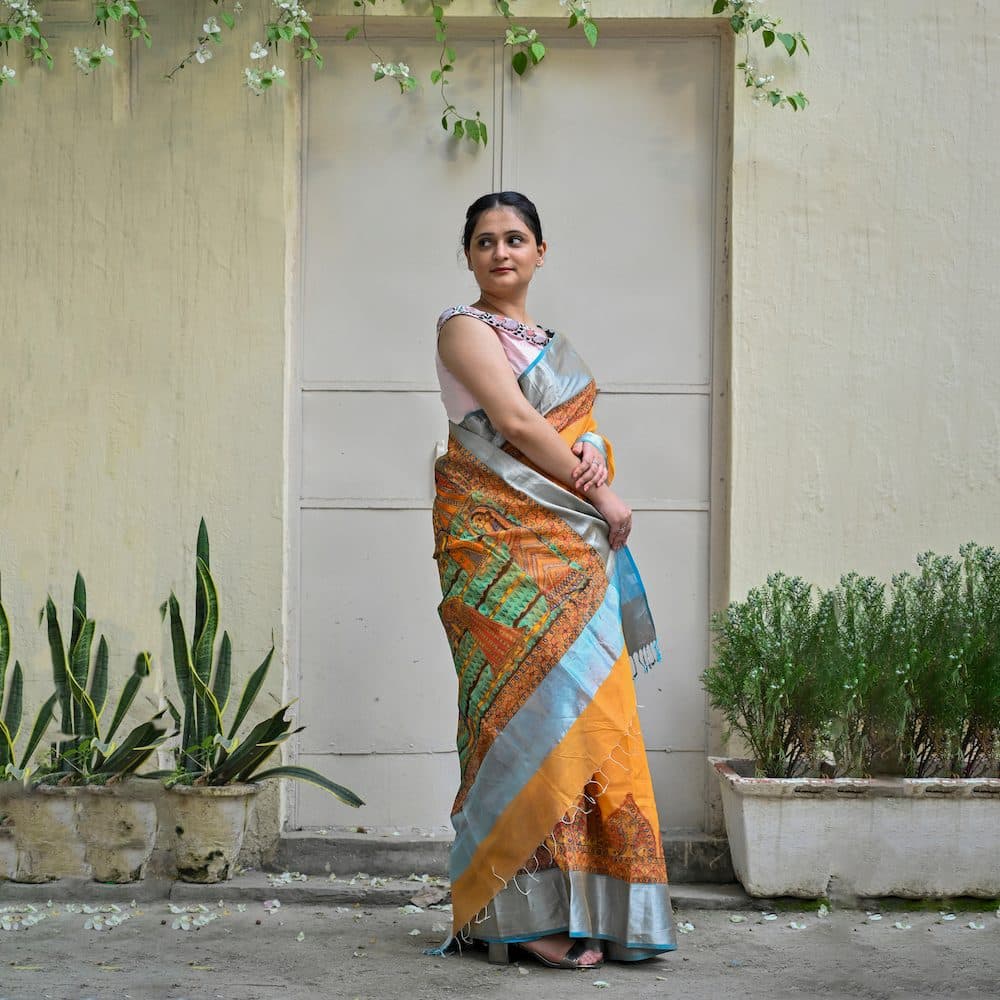 Madhubani "Simple Rural Life" Handloom Cotton Mulberry Silk Saree image 2
