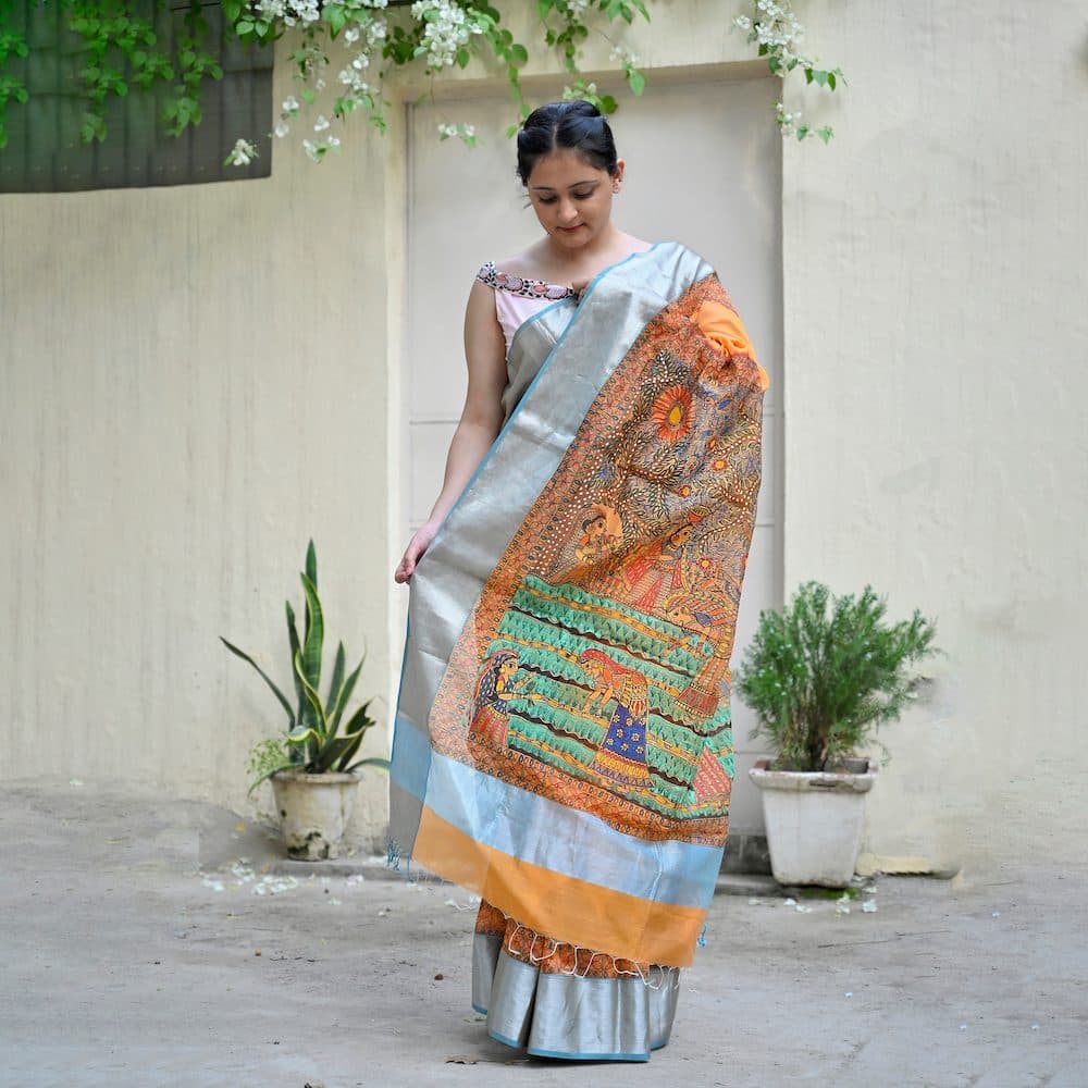 Madhubani "Simple Rural Life" Handloom Cotton Mulberry Silk Saree image 3