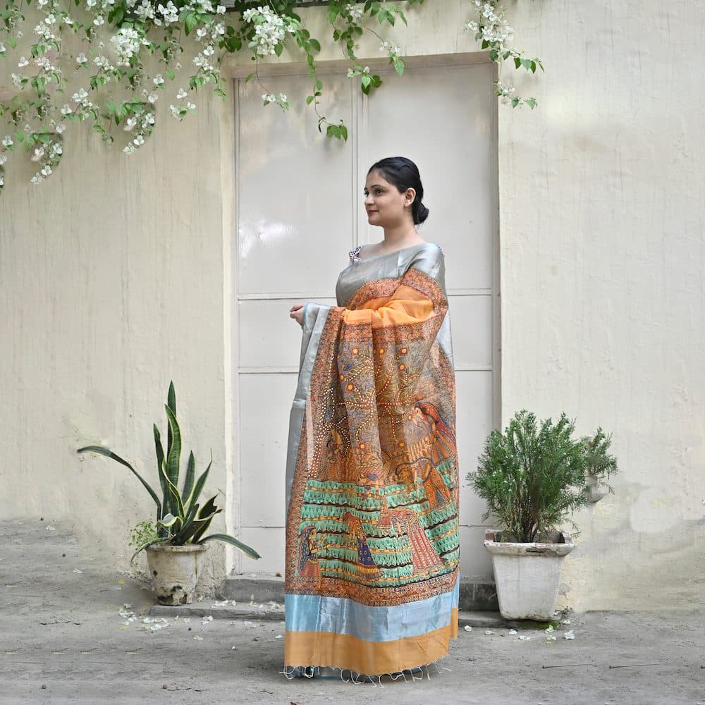 Madhubani "Simple Rural Life" Handloom Cotton Mulberry Silk Saree image 4