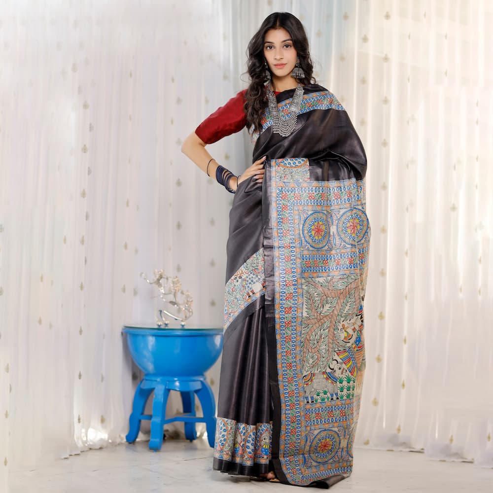 Madhubani Hand-Painted Pure Linen Saree image 2