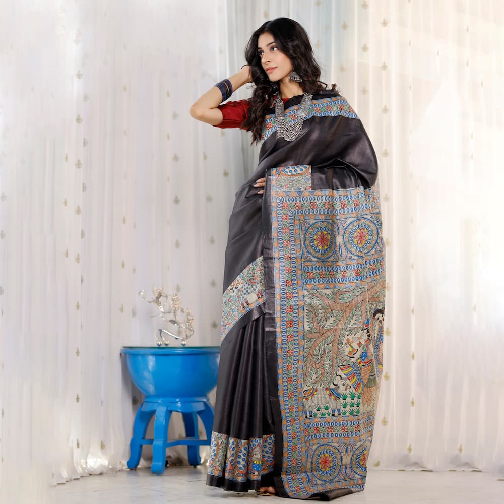 Madhubani Hand-Painted Pure Linen Saree image 3