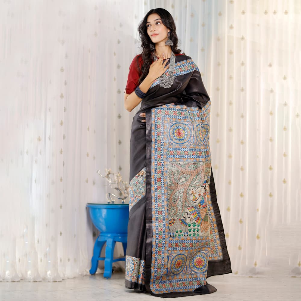Madhubani Hand-Painted Pure Linen Saree image 4