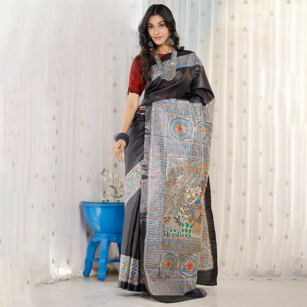 Madhubani Hand-Painted Pure Linen Saree image 5